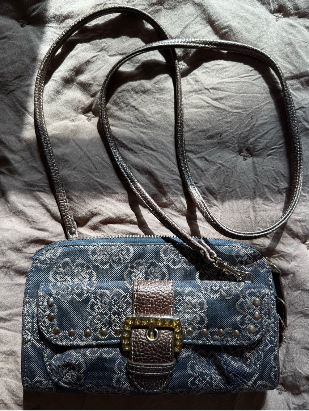 Kathy Van Zeeland Navy Patterned Crossbody with Brown Trim